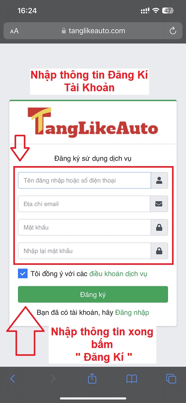 hướng dẫn đăng kí tài khoản tanglikeauto.com