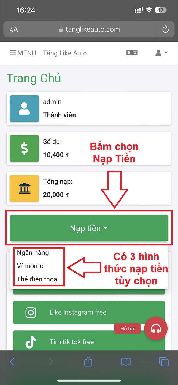 hướng dẫn nạp tiền web tanglikeauto.com